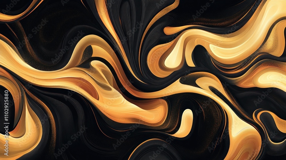 Poster abstract swirls of gold and black create a fluid, dynamic visual effect.