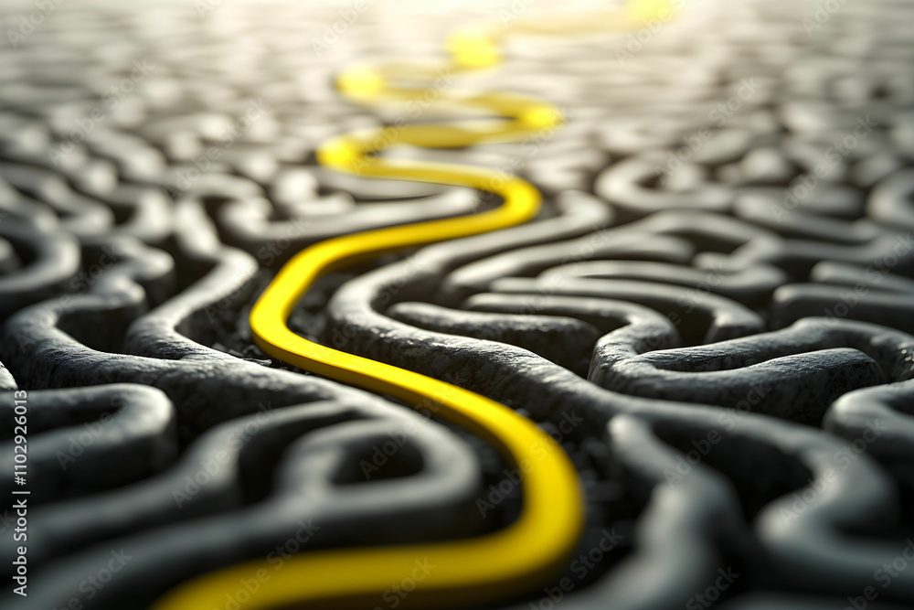 Poster abstract concept of pathways and maze structures with a bright yellow line, symbolizing navigation a