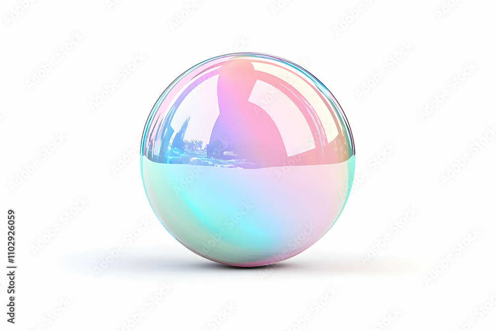 Poster iridescent soap bubble with colorful reflection and light effects on a bright minimal background for