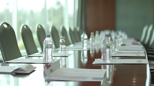 Empty meeting room with scattered budget papers and vacant chairs, symbolizing the aftermath of intense decision-making and strategic planning sessions.