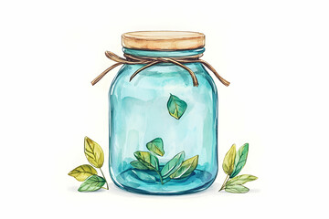 Aesthetic Vintage Glass Jar with Green Leaves on White Background, Perfect for Nature-Inspired Art and Creative Projects, Eco-Friendly Decor and Gardening Inspiration