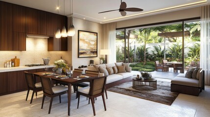 Modern living space with dining area and garden view.