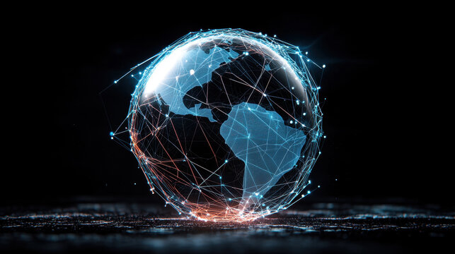 Database. A glowing digital globe connected by lines, symbolizing global connectivity and technology in a dark background. - Powered by Adobe