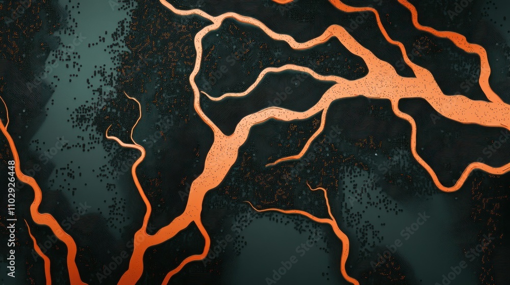 Poster abstract depiction of flowing orange lines resembling lightning on a dark background.