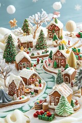 Naklejka premium Rustic holiday village made from gingerbread and candies, Christmas Festival, a whimsical and edible Christmas creation