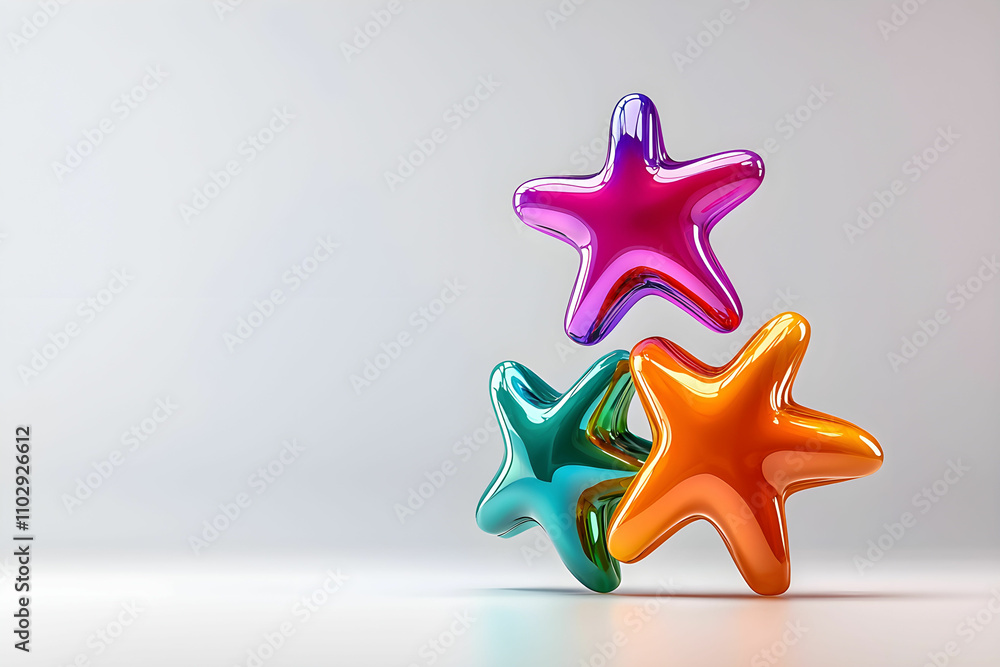 Poster colorful star-shaped decorative objects in three dimensional design creating a playful and vibrant l