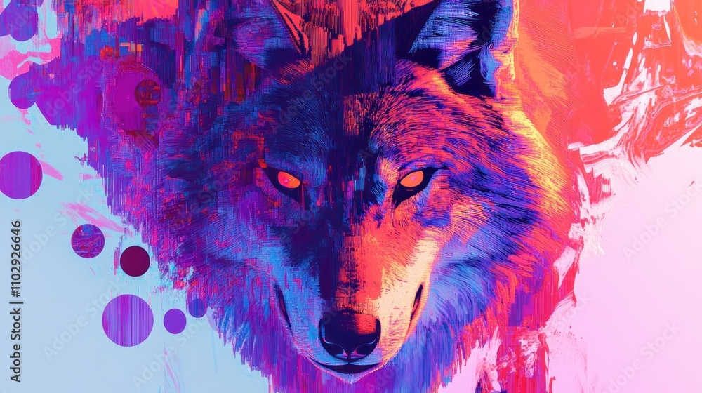 Poster a vibrant, artistic representation of a wolf's head with dynamic colors and abstract elements.