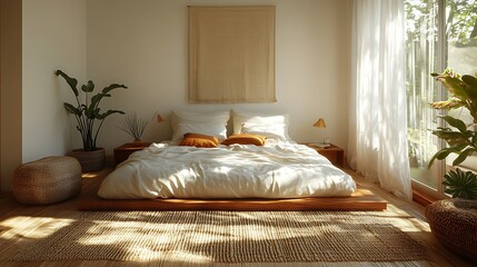 A bright minimalist bedroom with a platform bed covered in neutral-toned bedding, fluffy pillows arranged neatly, a woven rug underfoot, and warm sunlight illuminating the space, hd quality,