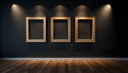 Three empty wooden frames on a dark wall with spotlights illuminating them
