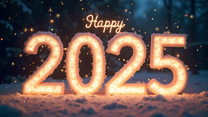 Happy New Year 2025 with snow and lights. Concept of celebration, winter, and holiday.