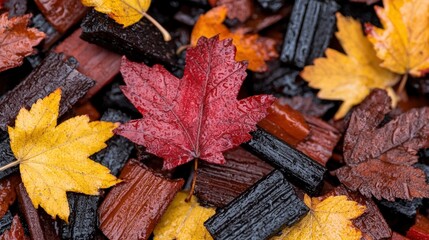 Autumn Leaves on Wet Wood  Red  Yellow  Fall Foliage Background