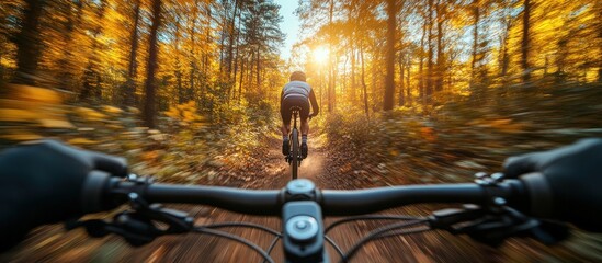 A cyclist rides through a sunlit forest trail, capturing the essence of outdoor adventure.