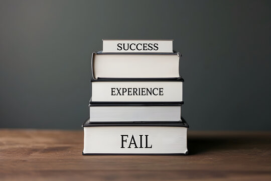 Stack of books featuring titles like SUCCESS, EXPERIENCE, and FAIL, symbolizing the journey of personal growth and the lessons learned along the way, perfect for motivational contexts.