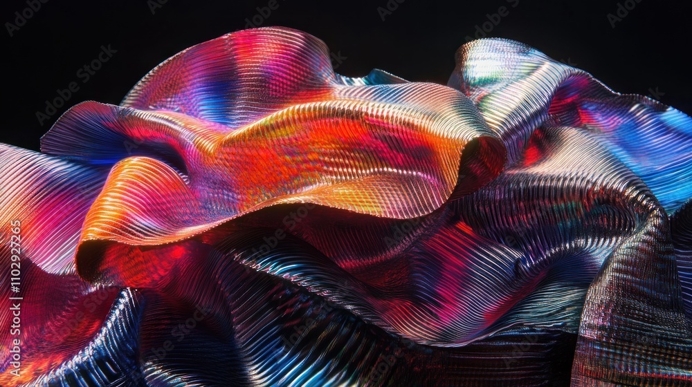 Poster a vibrant, abstract wave-like structure with colorful reflections and intricate patterns.