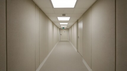 A clean, well-lit hallway with doors leading to individual rooms.