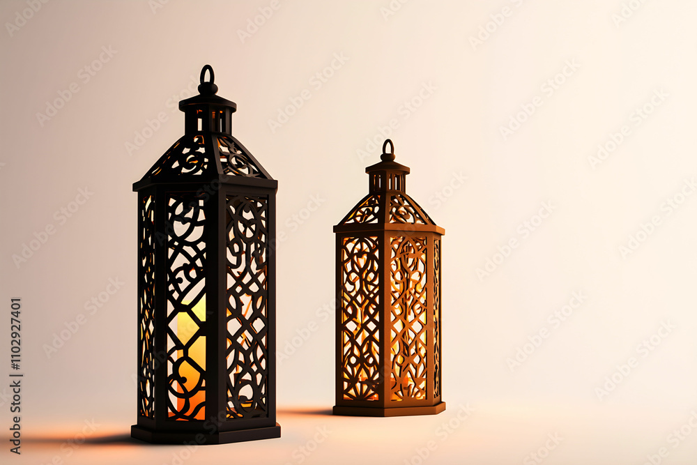 Poster elegant decorative lanterns with intricate designs casting warm light in a softly lit space, perfect
