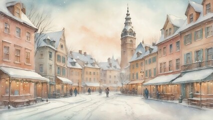 Obraz premium A snowy city street with a clock tower in the background. The scene is peaceful and serene, with people walking around and enjoying the winter weather