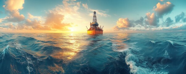 Fototapeta premium A drilling rig stands in the ocean at sunset, symbolizing energy exploration and industry.
