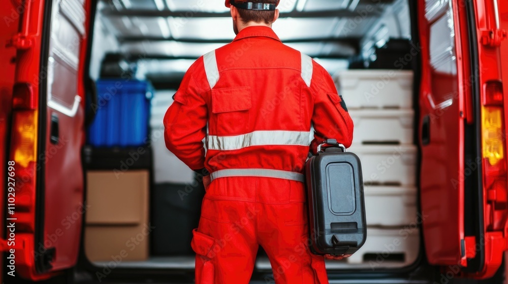 Poster mobile mechanic performing on site vehicle diagnostics and maintenance with portable tools and techn