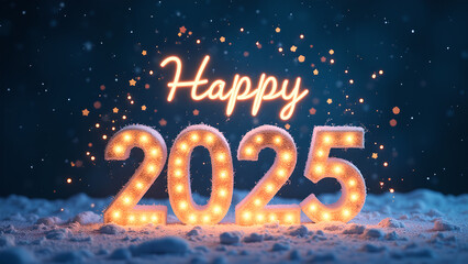 Happy New Year 2025 with snow and lights. Festive winter celebration concept.