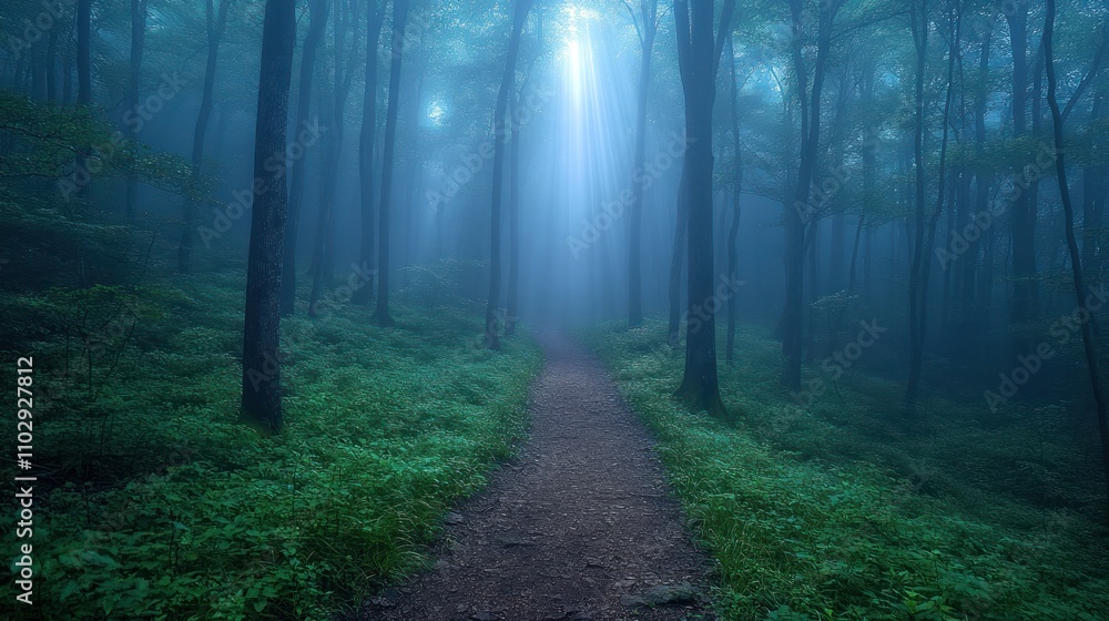 Poster a serene forest path illuminated by soft light, creating a tranquil and mystical atmosphere.