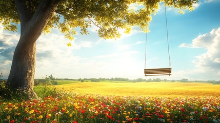 A cozy countryside scene with a swing suspended from an old tree, surrounded by wildflowers, overlooking golden wheat fields under a bright blue sky, sunlight creating playful patterns on the ground,