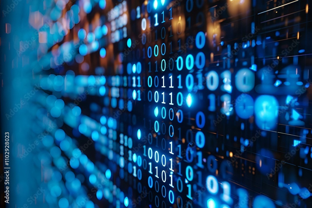 Fototapete background featuring cascading blue binary code on a sleek, black computer screen, highlighting the 