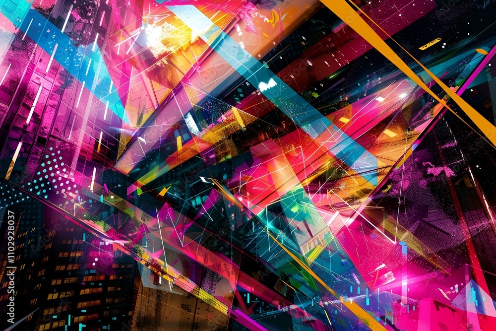 Aufkleber bold geometric shapes in neon colors colliding on a textured urban backdrop with dynamic light trail
