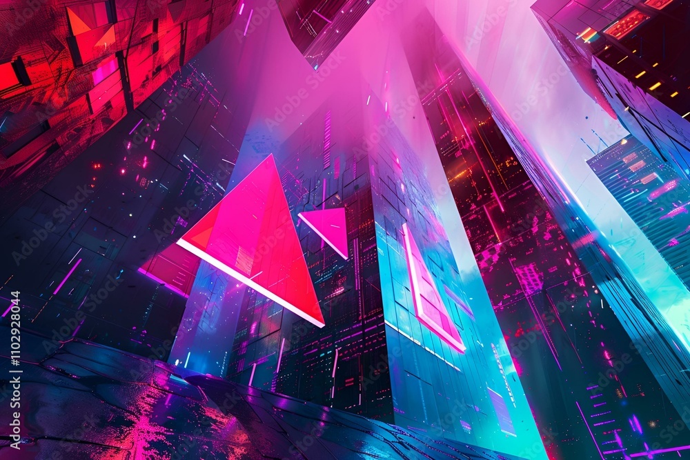 Poster bold geometric shapes in neon colors colliding on a textured urban backdrop with dynamic light trail