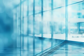 Abstract office windows with a frosted blue gradient, showcasing a blurred glass effect and reflecting the dynamic, modern essence of a corporate business center