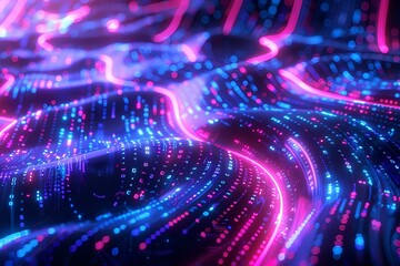 Abstract technology concept with streaming data flows and neon accents, evoking a sophisticated, futuristic cyberspace scene with a sleek, digital ambiance