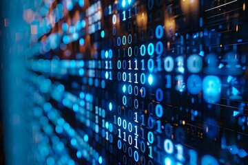 Background featuring cascading blue binary code on a sleek, black computer screen, highlighting the digital essence of modern technology