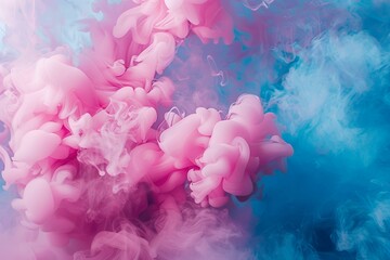 Bold pink smoke puffs swirling against a vivid blue backdrop, rendered with hyper-realistic detail...