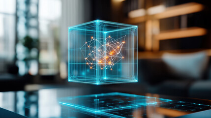 Database. A futuristic holographic cube displays intricate data patterns, symbolizing advanced technology and innovation in a modern setting.