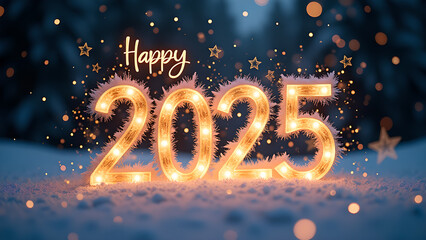 Happy New Year 2025 with snow and lights. Festive winter holiday concept.