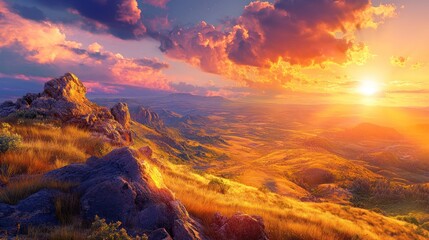 Obraz premium A vibrant sunset over rolling hills and rocky terrain, showcasing nature's beauty.