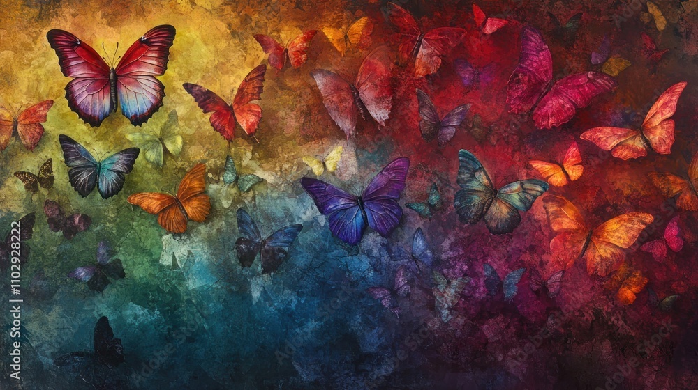 Poster a vibrant array of colorful butterflies against a textured background, symbolizing transformation.