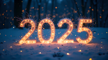 2025 New Year's Eve celebration in winter forest. Concept of new beginnings, hope, and future.