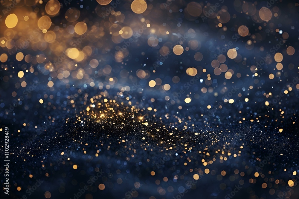 Poster deep midnight blue canvas scattered with sparkling gold particles and subtle bokeh lights, enhanced 