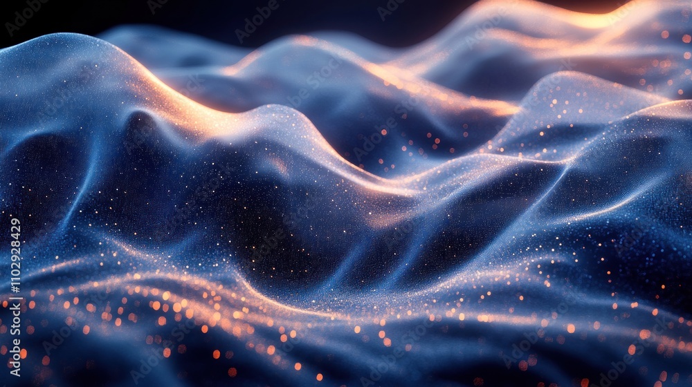 Poster abstract representation of flowing waves with glowing particles.