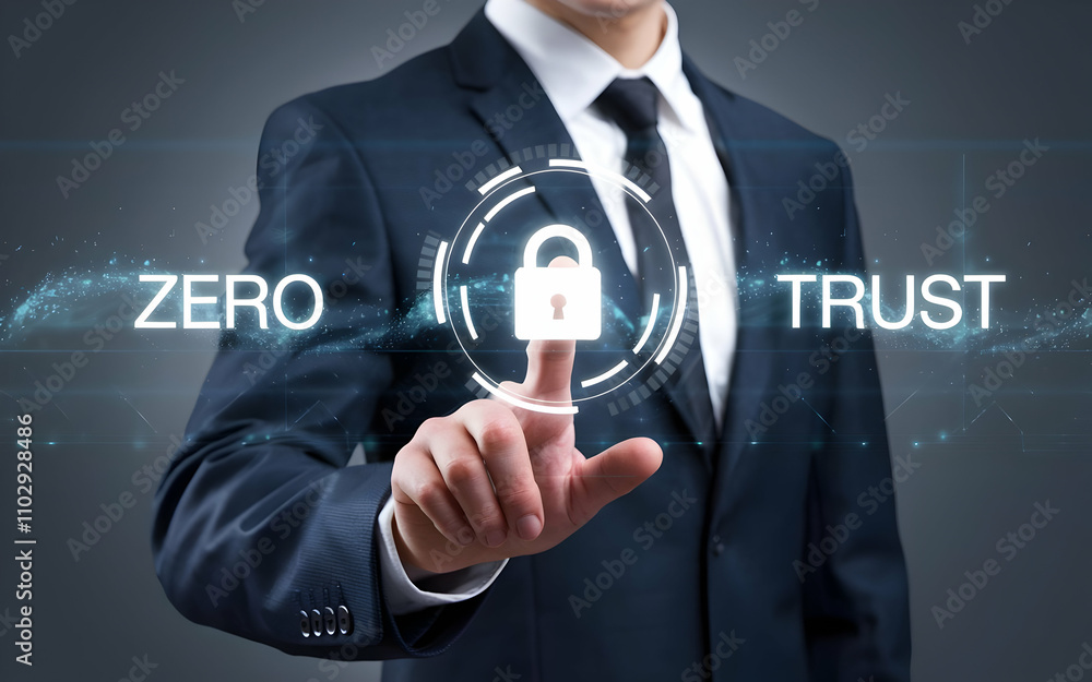 Poster securing the future with zero trust: a businessman confidently activates a digital zero trust securi
