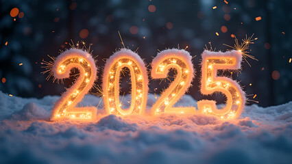 2025 New Year celebration in snow with sparklers. Concept of winter holidays and new beginnings.