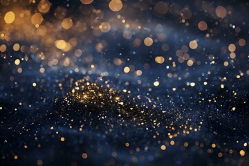 Obraz premium Deep midnight blue canvas scattered with sparkling gold particles and subtle bokeh lights, enhanced by a rich, glossy gold texture for a glamorous, celebratory feel