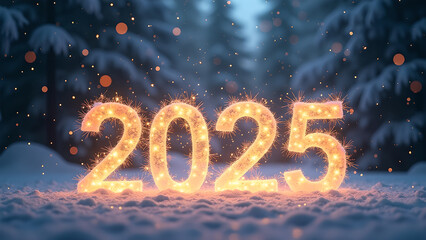 2025 New Year in Sparkling Lights in Snowy Forest. Concept of celebration, hope, and new beginnings.