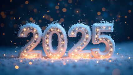 2025 New Year Snowy Winter Festive Lights. Concept of celebration, hope, and new beginnings.
