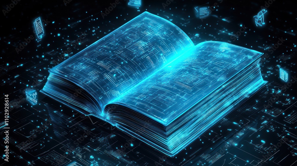 Poster a glowing, digital book surrounded by data particles, representing knowledge and technology.
