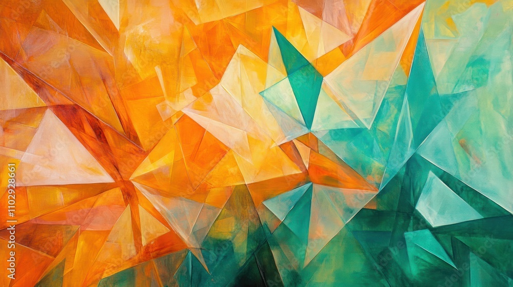 Poster abstract geometric shapes in vibrant orange and teal colors create a dynamic visual composition.