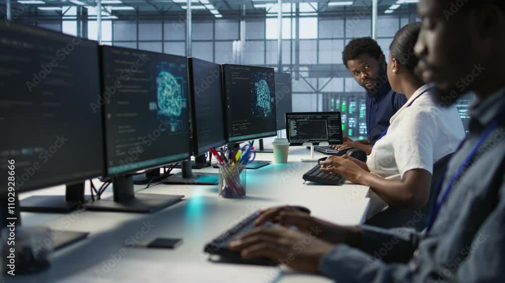 Poster it specialists in data center doing brainstorming, maintaining company network infrastructure. team 