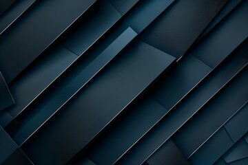 Fototapeta premium Elegant abstract background in black and deep blue, featuring 3D diagonal stripes, metallic gradients, and geometric shapes. Ideal for a wide, panoramic web banner