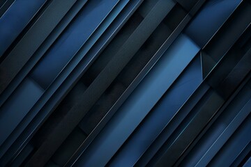 Obraz premium Elegant abstract background in black and deep blue, featuring 3D diagonal stripes, metallic gradients, and geometric shapes. Ideal for a wide, panoramic web banner